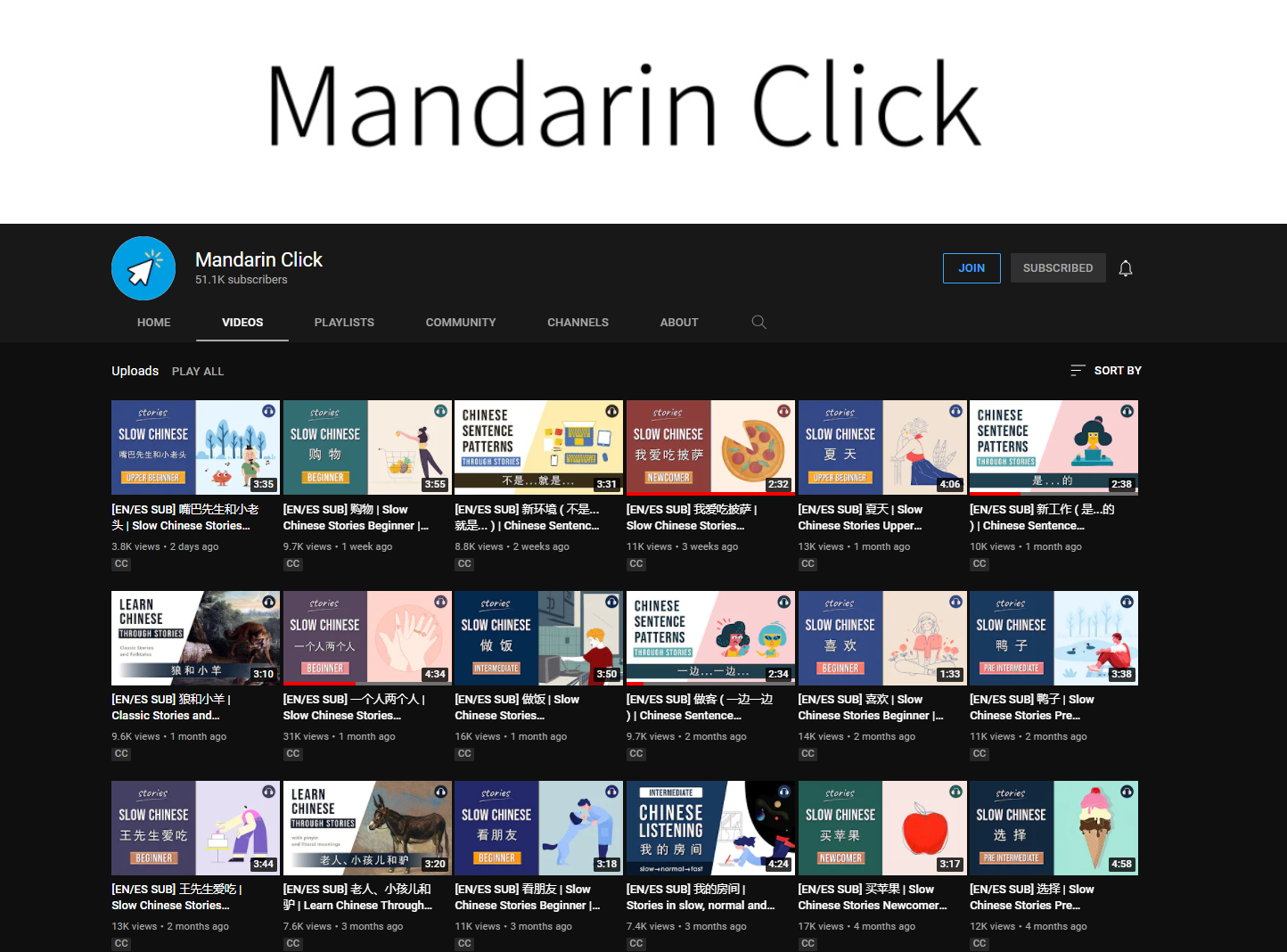 Screengrab of Mandarin Click YouTube channel, highlighting their most recently uploaded lessons.