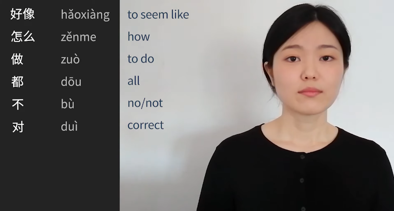 screengrab from Mandarin Click lesson, highlighting instructor, stock image, transcription of lesson and pinyin transliteration.